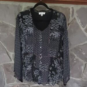 Coldwater Creek Black and Gray Patterned Blouse
